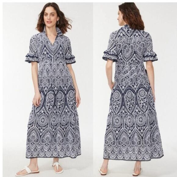 Chico's Eyelet Embroidered Tiered Lined Boho Prairie Feminine Maxi Sundress 2 L - Picture 1 of 7